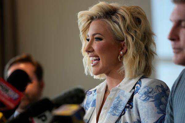 Savannah Chrisley, daughter of reality television star Todd Chrisley speaks during a news conference on Friday, May 30, 2025 in Nashville, Tenn. (AP Photo/George Walker IV)