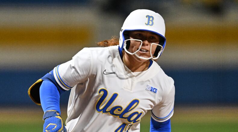 FILE - UCLAs' Megan Grant (43) runs the bases during an NCAA softball game on Friday, March 6, 2026, in Los Angeles. (AP Photo/John McCoy, File)