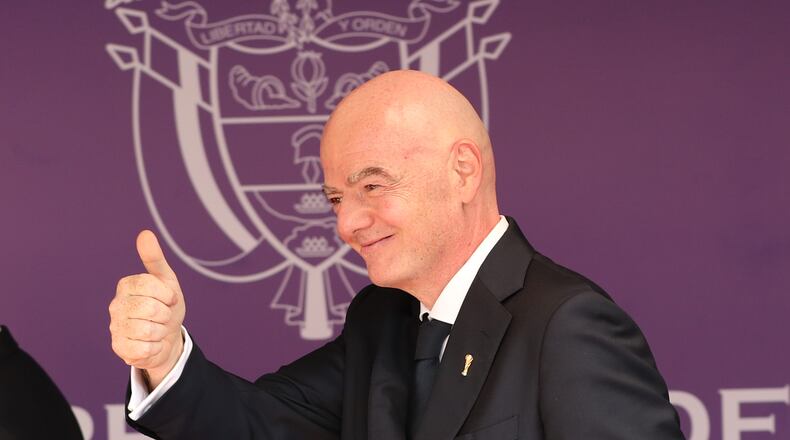 FIFA President Gianni Infantino arrives for the inauguration of Colombia's new president Abelardo de la Espriella in Cali, Colombia, Friday, Aug. 7, 2026. (AP Photo/Santiago Saldarriaga)