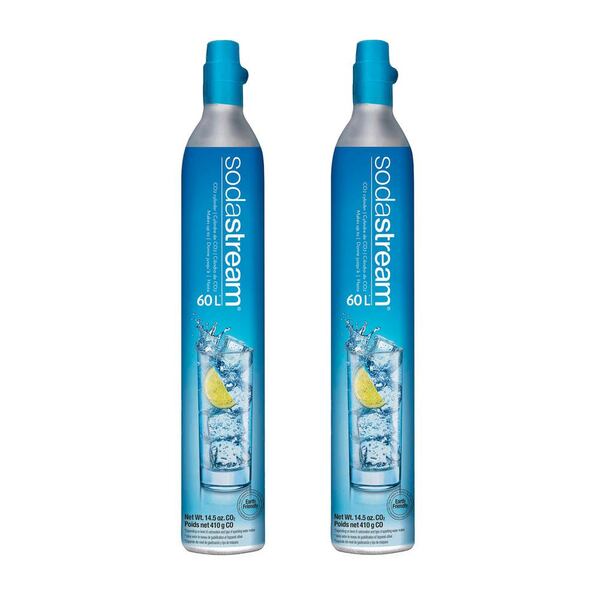 SodaStream offers two types of CO2 cylinders. The blue one screws in and is used for older models, while the pink version uses a Quick Connect method that snaps into newer machines. (Courtesy)