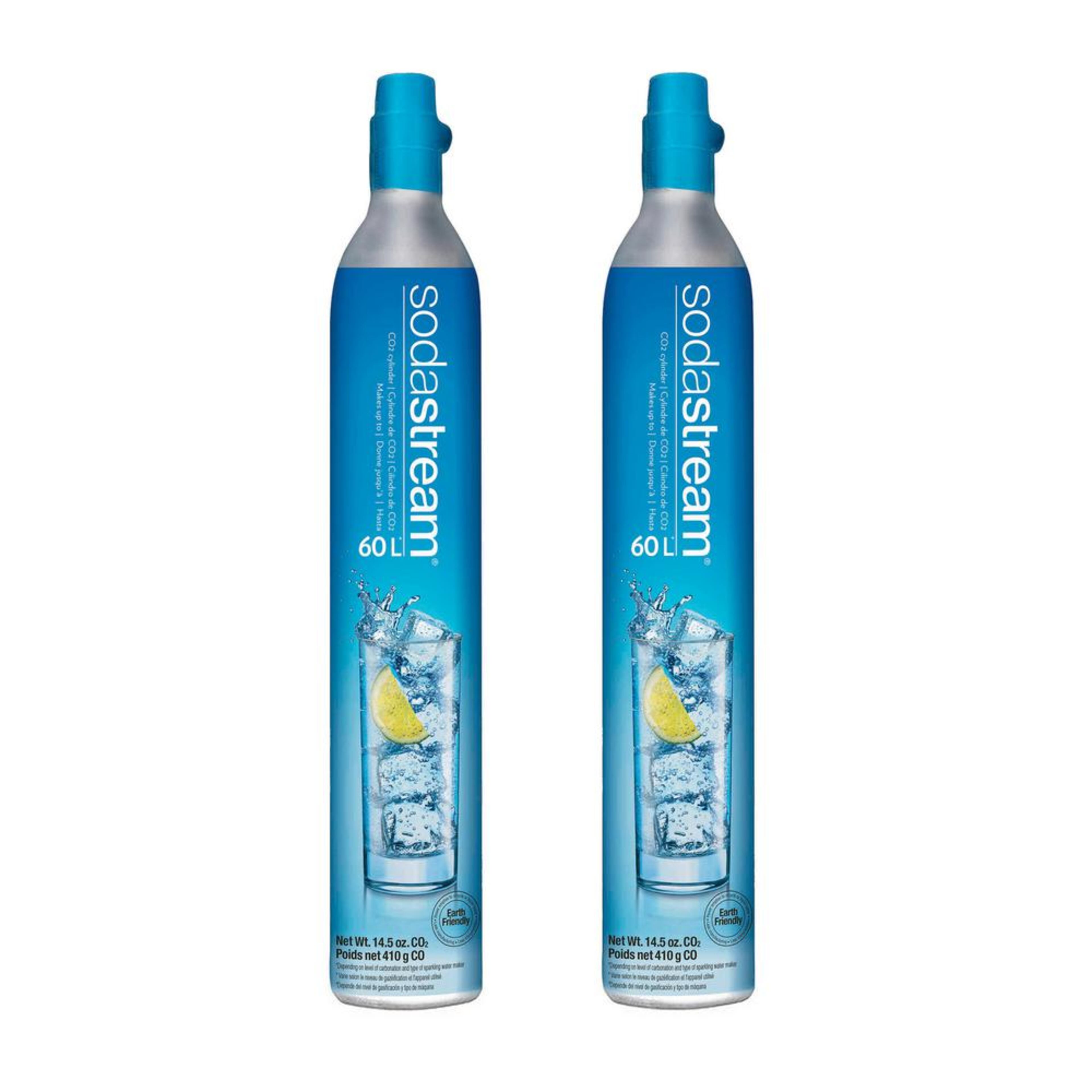 SodaStream offers two types of CO2 cylinders. The blue one screws in and is used for older models, while the pink version uses a Quick Connect method that snaps into newer machines. (Courtesy)