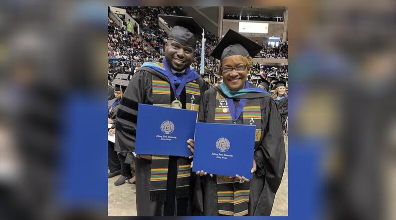 Roderick Hubbard and his mother, Yolanda Hubbard, recently walked onstage at the Albany Civic Center to receive advanced degrees the pair had earned together. The Hubbard family includes a number of ASU alumni. (Photo provided by Albany State University)