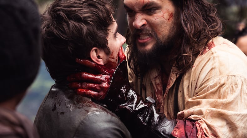 Michael Smyth (Landon Liboiron) and Declan Harp (Jason Momoa) in Frontier, the six-episode, one-hour drama from NETFLIX series currently shooting in Newfoundland, Canada. FRONTIER follows the chaotic and violent struggle to control wealth and power in the North American fur trade of the late 18th century, created by Rob Blackie and Peter Blackie, directed by Brad Peyton. Photo credit: Duncan de Young