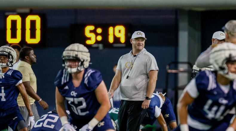 Georgia Tech head coach Brent Key watches his team during the second day of football practice at the Brock Indoor Practice Facility on Thursday, July 25, 2024, in Atlanta.
(Miguel Martinez / AJC)
