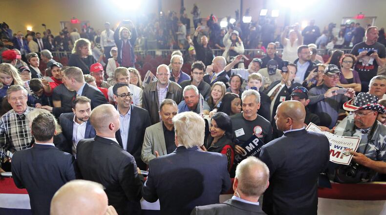Republican Presidential candidate Donald Trump greets supporters after a rally in Janesville, Wis., on Tuesday. Anthony Wahl/The Janesville Gazette via AP