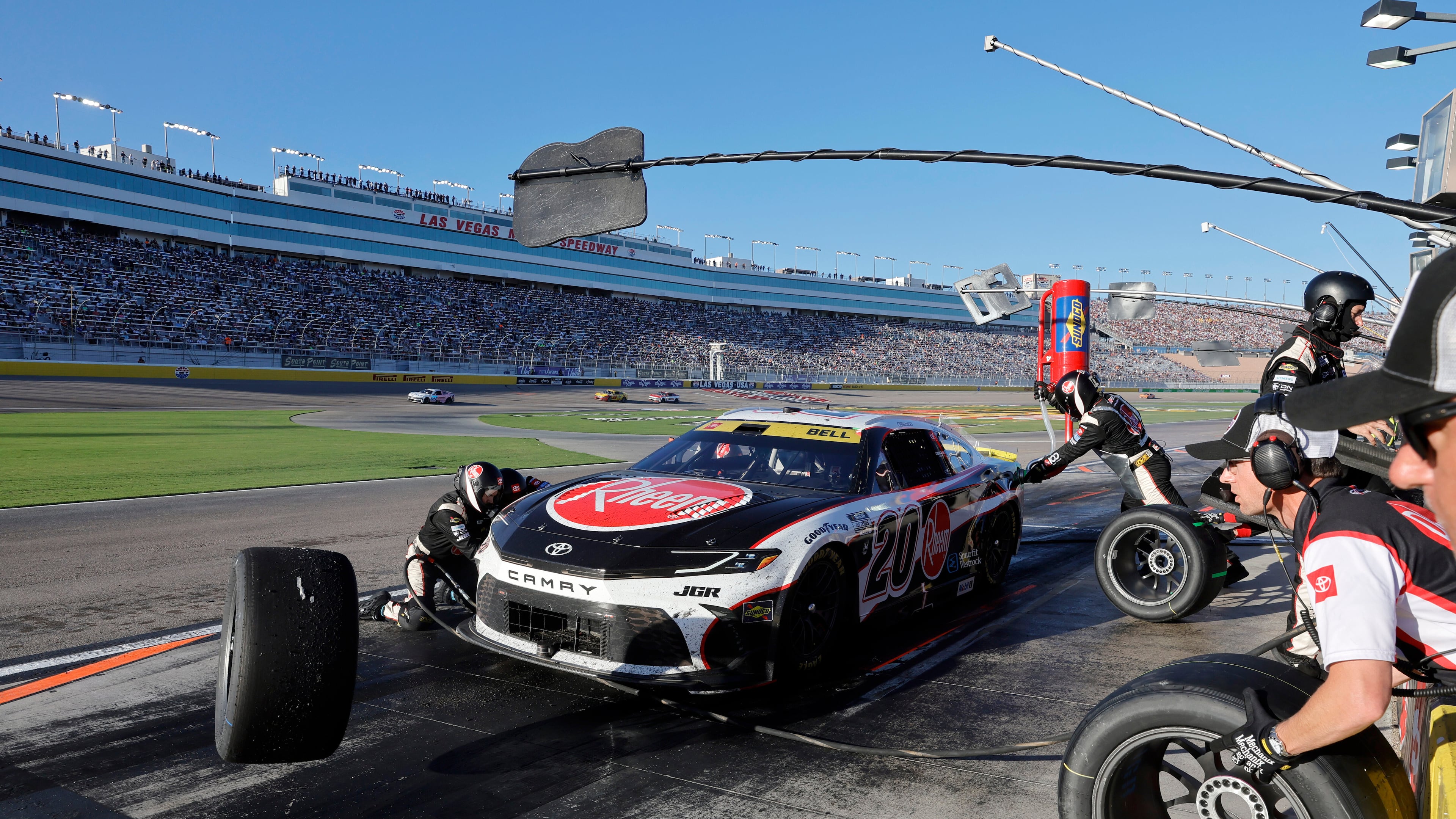Driver Christopher Bell makes a pit stop during a NASCAR Cup Series auto race Sunday, Oct. 12, 2025, in Las Vegas. (AP Photo/Steve Marcus)