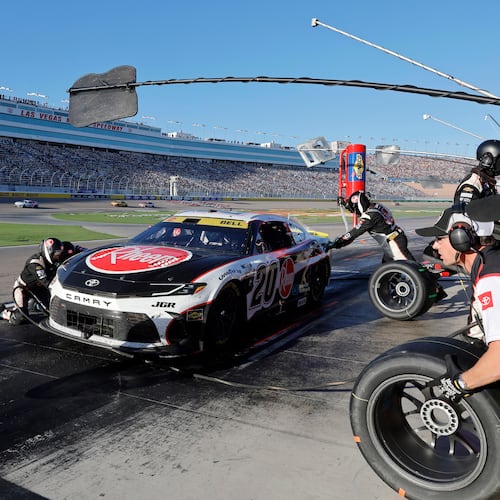 Driver Christopher Bell makes a pit stop during a NASCAR Cup Series auto race Sunday, Oct. 12, 2025, in Las Vegas. (AP Photo/Steve Marcus)