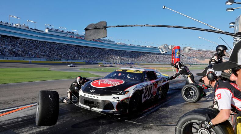 Driver Christopher Bell makes a pit stop during a NASCAR Cup Series auto race Sunday, Oct. 12, 2025, in Las Vegas. (AP Photo/Steve Marcus)