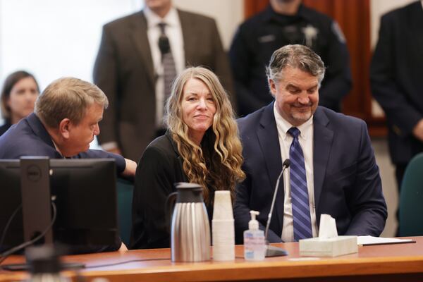 FILE - Lori Vallow Daybell talks with her lawyers before the jury's verdict is read at the Ada County Courthouse in Boise, Idaho on May 12, 2023. (AP Photo/Kyle Green, File)