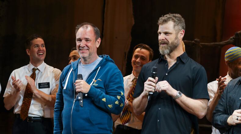 FILE - Trey Parker, left and Matt Stone, creators of the animated series "South Park," and the Broadway musical "The Book of Mormon," appear at a curtain call for the 15th anniversary performance of the musical on March 19, 2026, in New York. (Photo by Andy Kropa/Invision/AP, File)