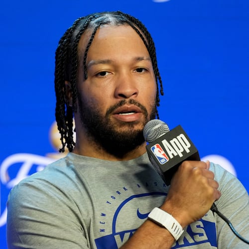 New York Knicks guard Jalen Brunson speaks with the media prior to the start of the NBA Finals basketball series against the San Antonio Spurs, Tuesday, June 2, 2026, in San Antonio. (AP Photo/Eric Gay)