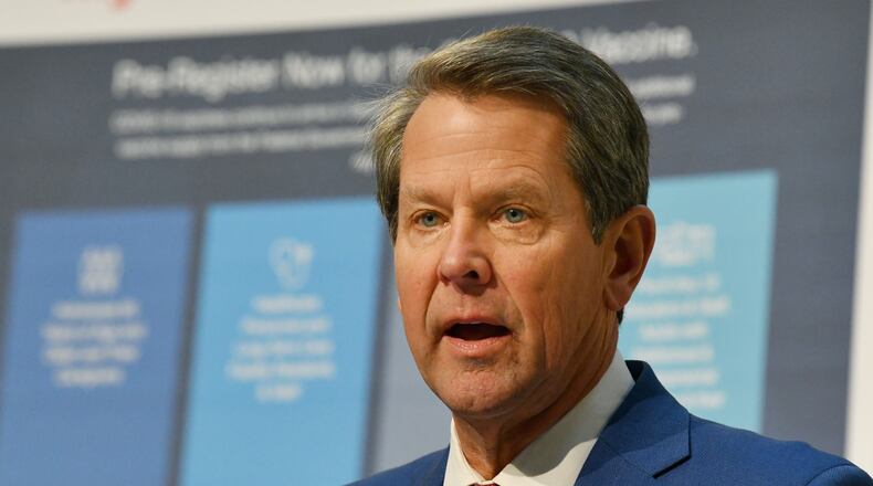 February 25, 2021 Atlanta - Governor Brian Kemp speaks to members of the press during a press conference to give an update on COVID-19 vaccine distribution at the Georgia State Capitol on Thursday, February 25, 2021. (Hyosub Shin / Hyosub.Shin@ajc.com)