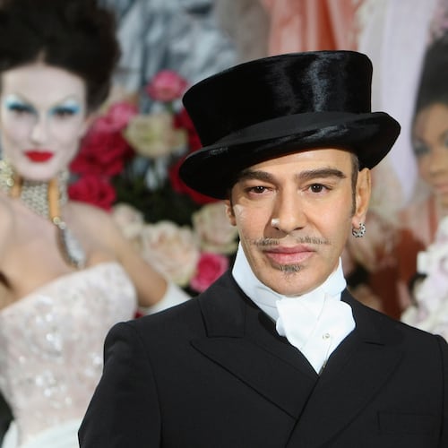 FILE - Fashion designer John Galliano poses at the end of the presentation of the Dior Haute Couture spring/summer 2010 fashion collection on Jan. 25, 2010, in Paris. (AP Photo/Jacques Brinon, File)