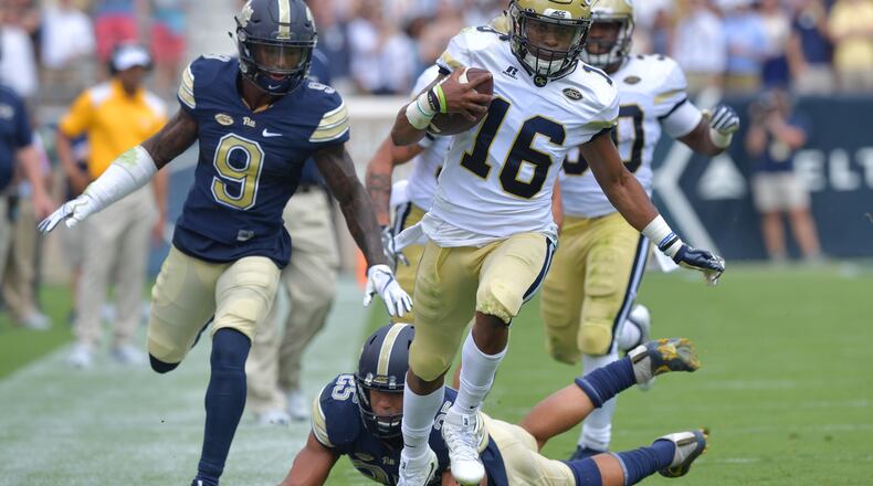 Georgia Tech quarterback TaQuon Marshall (16) runs for a touchdown in the first half at Bobby Dodd Stadium on Saturday, September 23, 2017. HYOSUB SHIN / HSHIN@AJC.COM