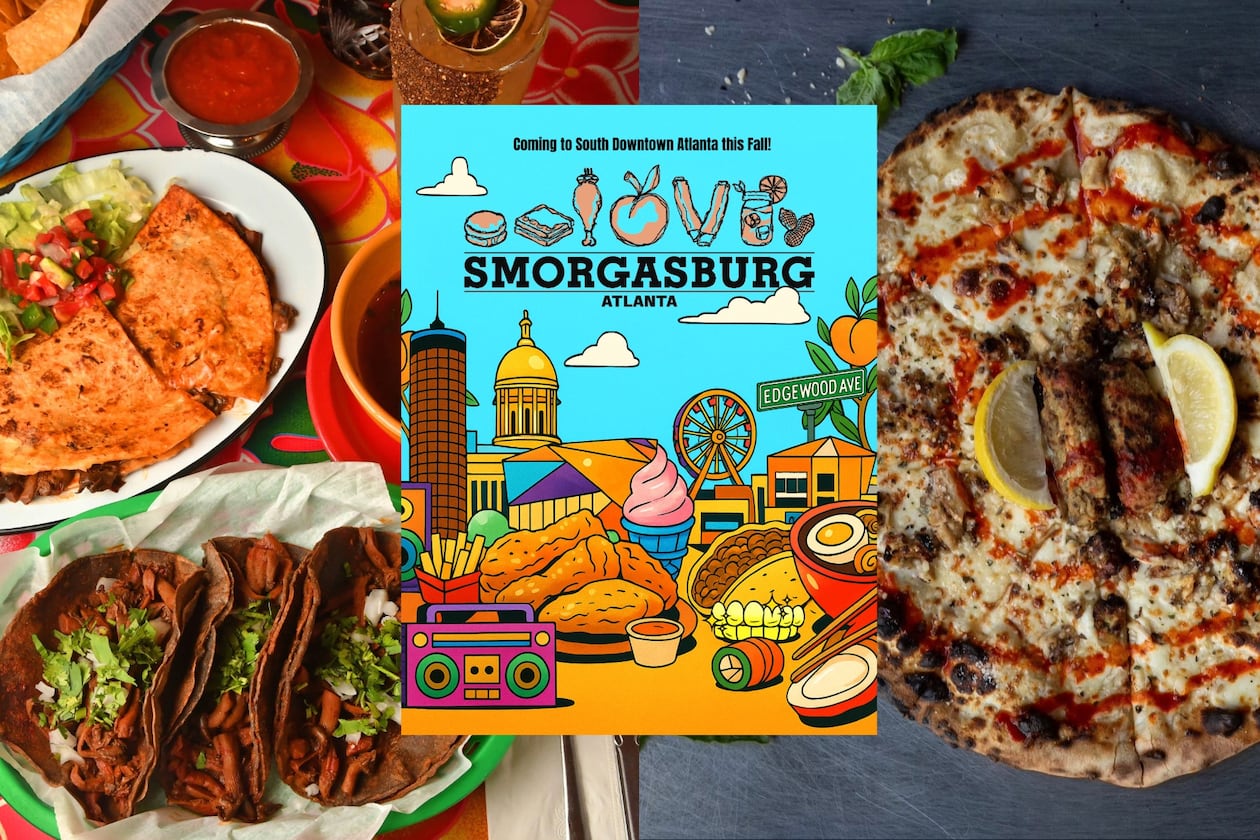 Smorgasburg Atlanta announced more than 40 vendors for its first season, including Mexican restaurant El Ponce (food on left) and viral pizza restaurant Phew's Pies (food on right).
Image credits (left to right): Chris Hunt for the AJC; handout courtesy of Smorgasburg Atlanta; handout courtesy of Drew Amandolia.