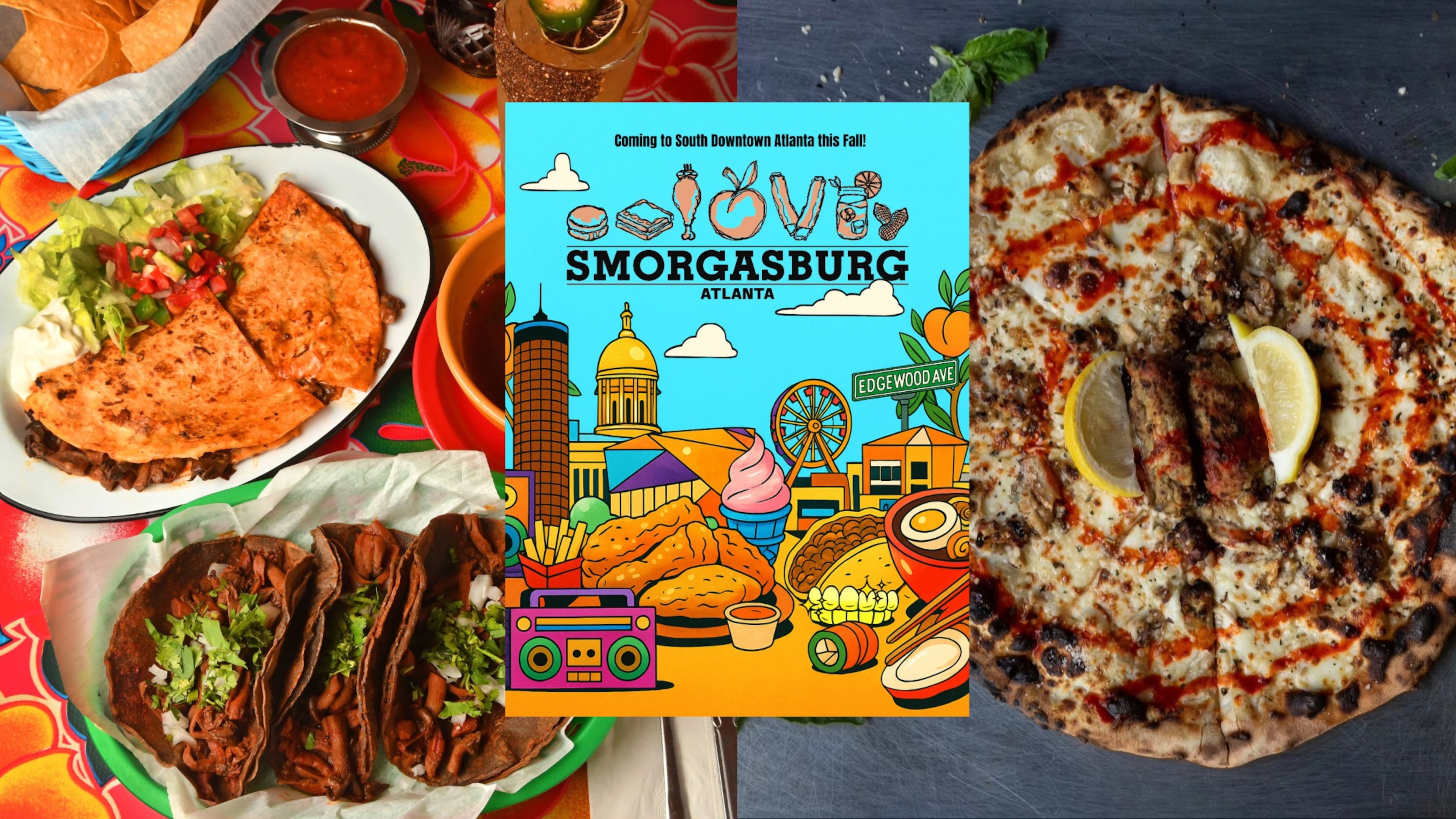Smorgasburg Atlanta announced more than 40 vendors for its first season, including Mexican restaurant El Ponce (food on left) and viral pizza restaurant Phew's Pies (food on right).
Image credits (left to right): Chris Hunt for the AJC; handout courtesy of Smorgasburg Atlanta; handout courtesy of Drew Amandolia.