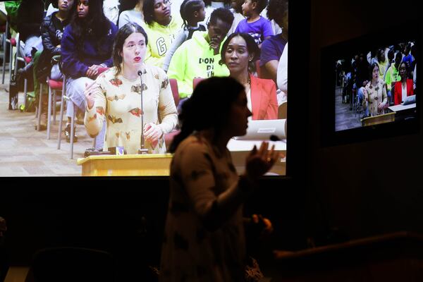 A teacher speaks during an Atlanta School Board meeting in Atlanta on Wednesday, November 5, 2025. APS held its first vote on school consolidation plans. (Abbey Cutrer / AJC)