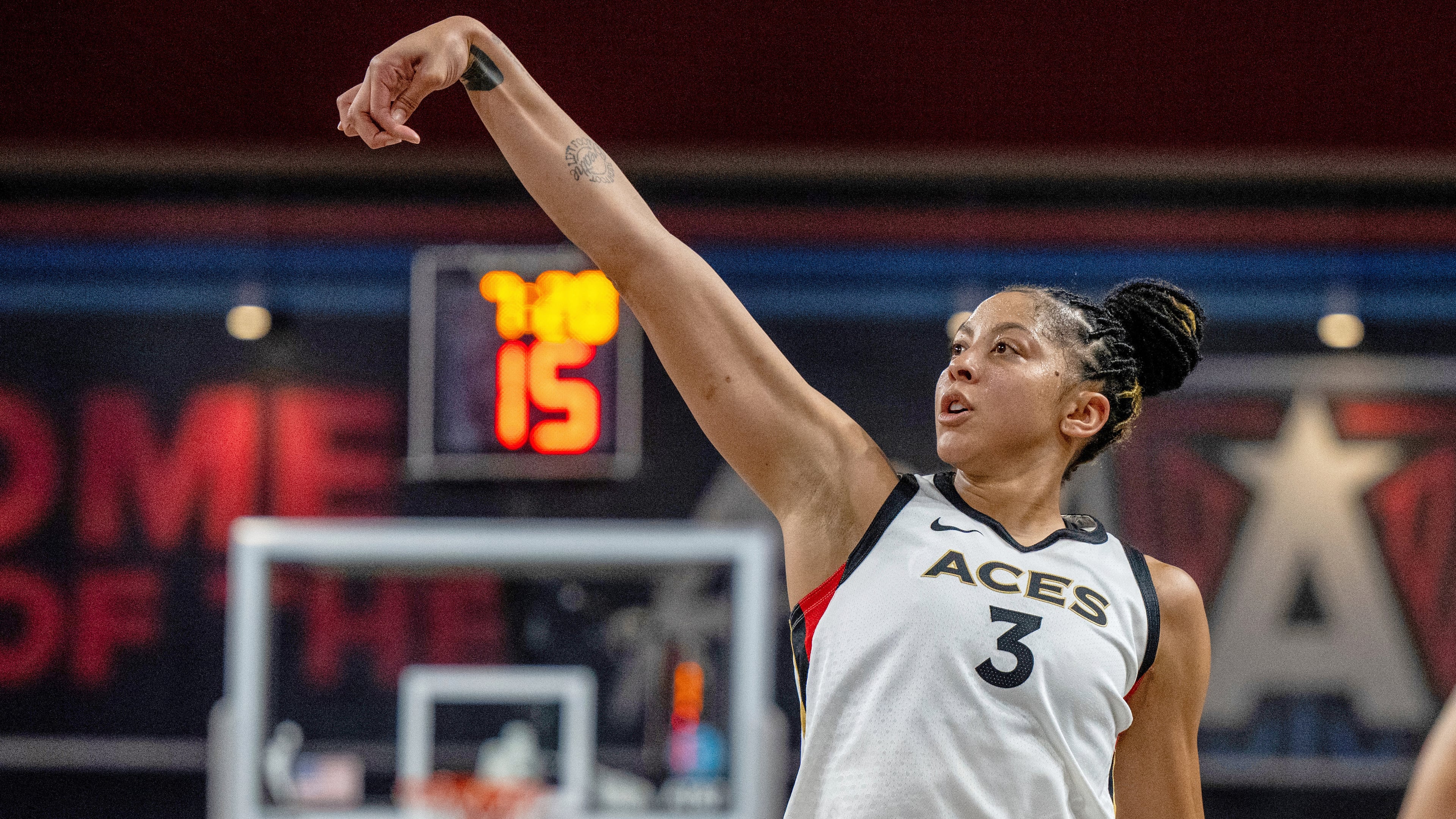 FILE - Las Vegas Aces center Candace Parker (3) watches her shot during a WNBA basketball game against the Atlanta Dream, Friday, June 2, 2023, in College Park, Ga. (AP Photo/Danny Karnik, File)