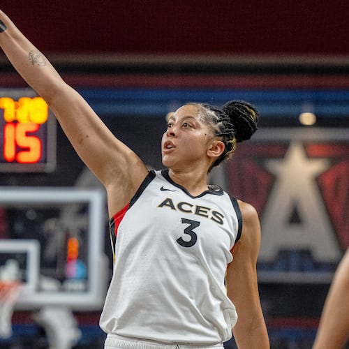 FILE - Las Vegas Aces center Candace Parker (3) watches her shot during a WNBA basketball game against the Atlanta Dream, Friday, June 2, 2023, in College Park, Ga. (AP Photo/Danny Karnik, File)