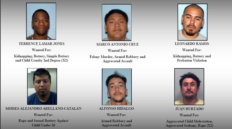 The Gwinnett County Sheriff's Office is seeking these six men on outstanding warrants.