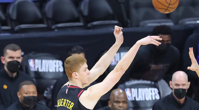 Hawks guard Kevin Huerter hits a three-pointer against the Philadelphia 76ers in Game 7 of the Eastern Conference semifinals Sunday, June 20, 2021, in Philadelphia. (Curtis Compton / Curtis.Compton@ajc.com)