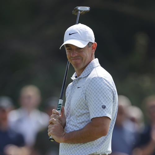 Rory McIlroy of Northern Ireland reacts on the 4th green after putting during the second day of the British Open Golf championships at Royal Birkdale golf club, in Southport, England, Friday, July 17, 2026. (AP Photo/Peter Morrison)