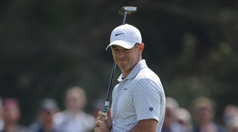 Rory McIlroy of Northern Ireland reacts on the 4th green after putting during the second day of the British Open Golf championships at Royal Birkdale golf club, in Southport, England, Friday, July 17, 2026. (AP Photo/Peter Morrison)