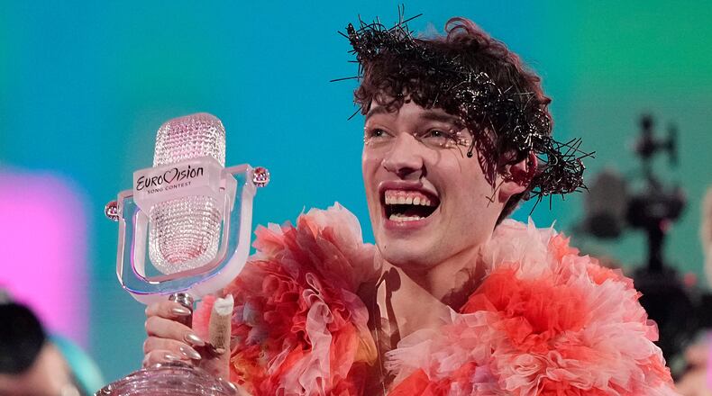 FILE - Nemo of Switzerland, celebrates after winning the Grand Final of the Eurovision Song Contest in Malmo, Sweden, on May 12, 2024. (AP Photo/Martin Meissner, File)