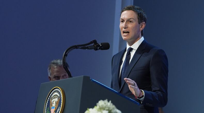 Jared Kushner speaks after the signing of a Board of Peace charter during the Annual Meeting of the World Economic Forum in Davos, Switzerland, Thursday, Jan. 22, 2026. (AP Photo/Evan Vucci)