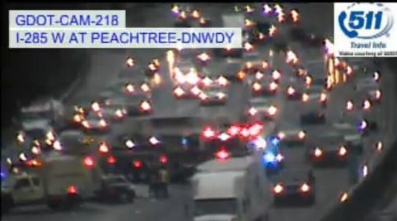A crash left four lanes of six blocked on I-285 east at Ga. 400 Sunday morning. (Credit: Georgia Department of Transportation)