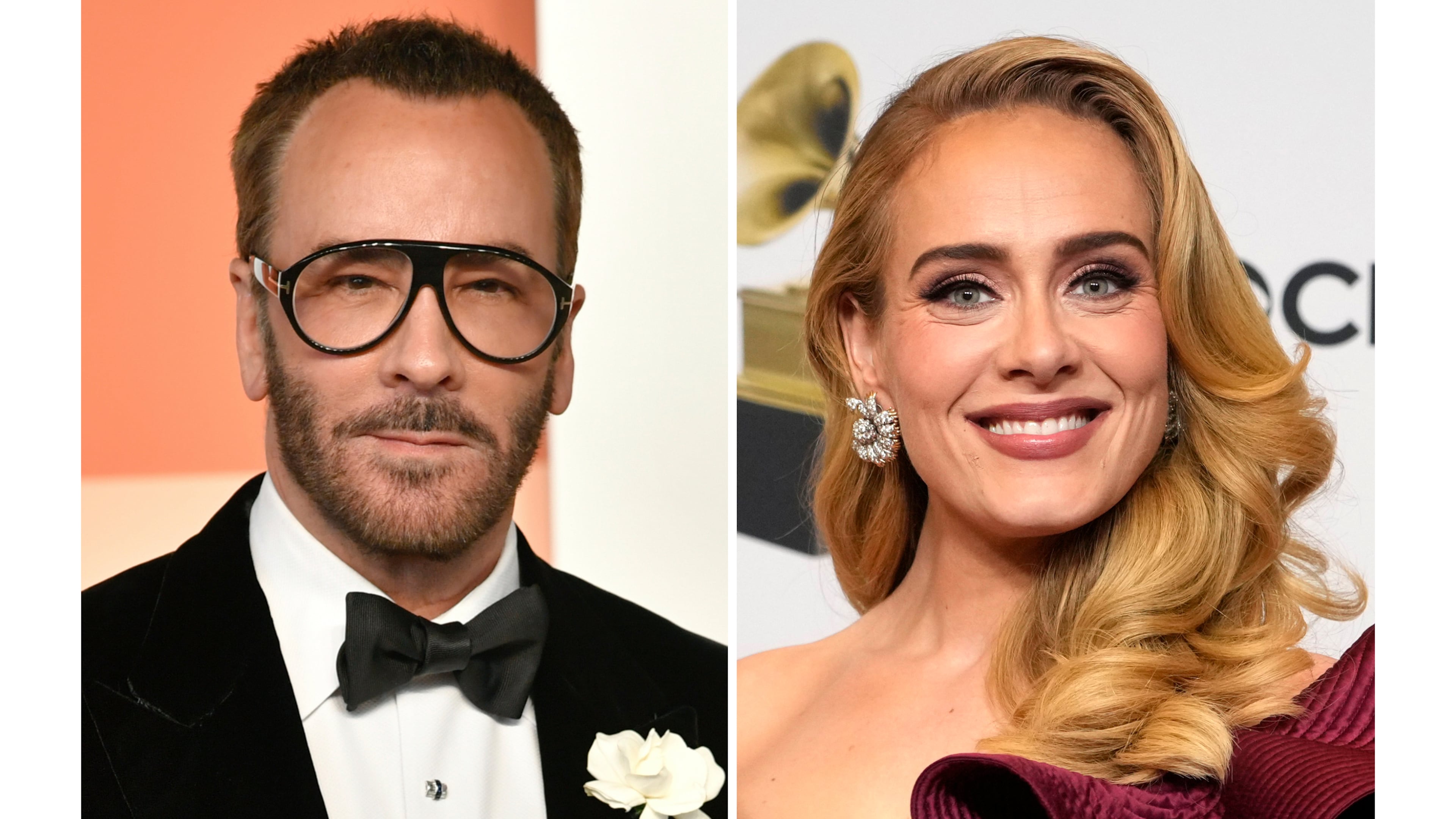 This combination of images shows Tom Ford at the Vanity Fair Oscar Party in Beverly Hills, Calif., on March 2, 2025,, left, and Adele at the 65th annual Grammy Awards in Los Angeles on Feb. 5, 2023. (AP Photo)