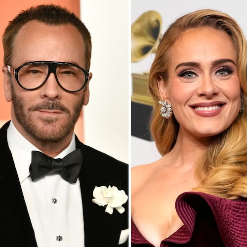 This combination of images shows Tom Ford at the Vanity Fair Oscar Party in Beverly Hills, Calif., on March 2, 2025,, left, and Adele at the 65th annual Grammy Awards in Los Angeles on Feb. 5, 2023. (AP Photo)
