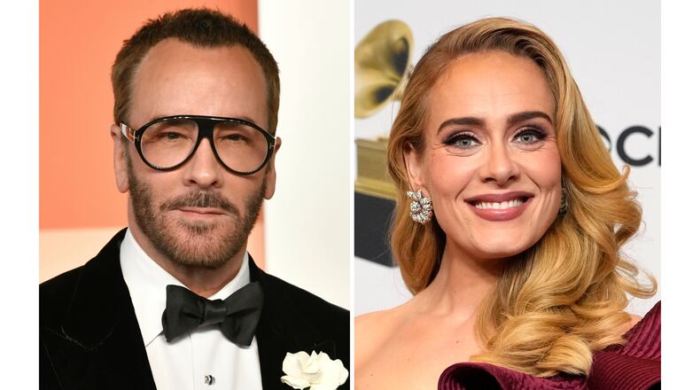 This combination of images shows Tom Ford at the Vanity Fair Oscar Party in Beverly Hills, Calif., on March 2, 2025,, left, and Adele at the 65th annual Grammy Awards in Los Angeles on Feb. 5, 2023. (AP Photo)