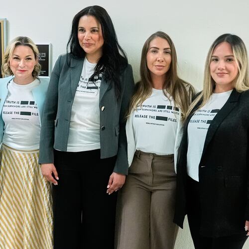 Victims of Jeffrey Epstein's abuse, from left, Liz Stein, Dani Bensky, Sharlene Rochard, Marina Lacerda and Andrea Sterling, are seen before former Attorney General Pam Bondi arrives for her deposition at the Rayburn House Office Building on Capitol Hill, Friday, May 29, 2026, in Washington. (AP Photo/Manuel Ceneta)