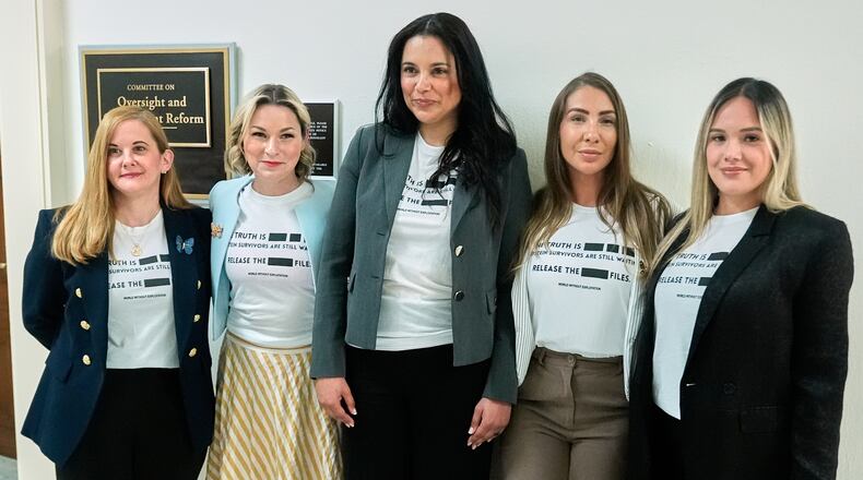 Victims of Jeffrey Epstein's abuse, from left, Liz Stein, Dani Bensky, Sharlene Rochard, Marina Lacerda and Andrea Sterling, are seen before former Attorney General Pam Bondi arrives for her deposition at the Rayburn House Office Building on Capitol Hill, Friday, May 29, 2026, in Washington. (AP Photo/Manuel Ceneta)