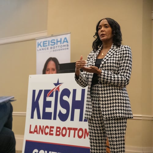 Former Atlanta Mayor Keisha Lance Bottoms speaks with voters at the Columbus Public Library on May 12, 2026 as part of her final statewide push ahead of the Democratic gubernatorial primary election. (Riley Bunch/AJC)