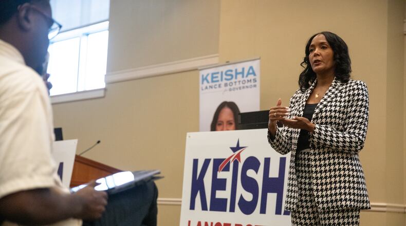 Former Atlanta Mayor Keisha Lance Bottoms speaks with voters at the Columbus Public Library on May 12, 2026 as part of her final statewide push ahead of the Democratic gubernatorial primary election. (Riley Bunch/AJC)
