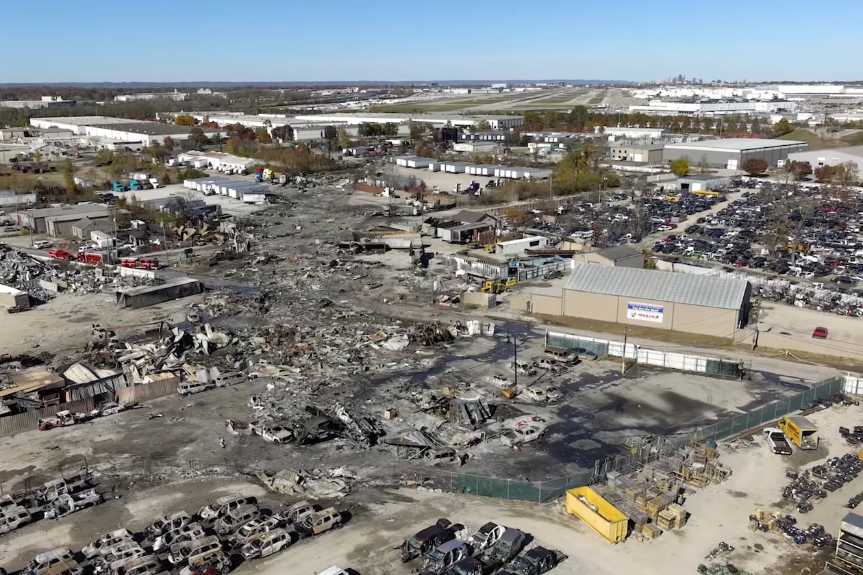 The scene of UPS fatal plane crash is shown from above on Thursday, Nov. 6, 2025, in Louisville, Ky. Fourteen people have been confirmed dead so far. (National Transportation Safety Board via AP)