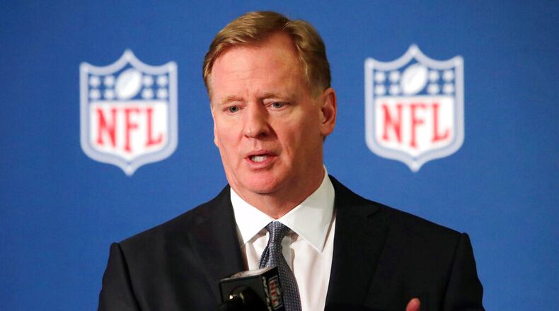 FILE - In this Dec. 12, 2018, file photo, NFL commissioner Roger Goodell speaks during a news conference in Irving, Texas.
