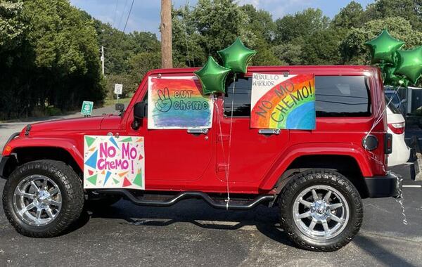 Signs of encouragement cover a car at Model High School student Logan Knight’s surprise homecoming party as he returned home after months of cancer treatment in Atlanta. (Family Handout)