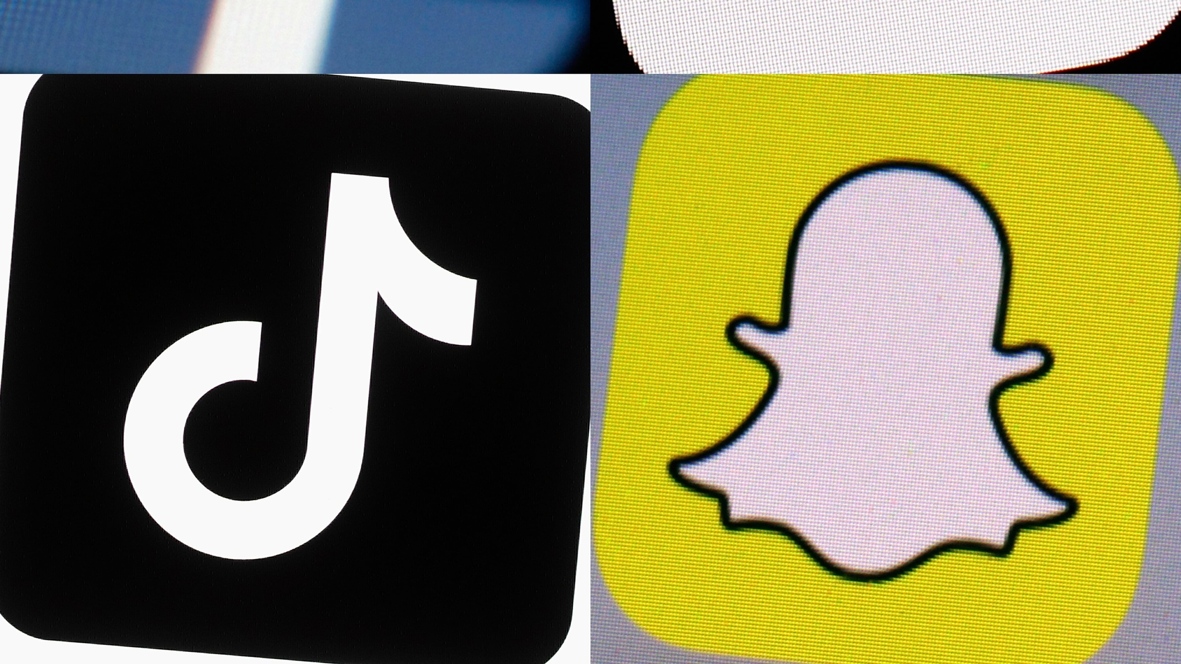 FILE - This combination of photos from 2017 to 2022 shows the logos of Facebook, YouTube, TikTok and Snapchat on mobile devices. (AP Photo, File)