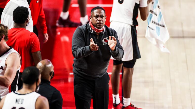 Georgia assistant coach Chad Dollar encourages players during a game against Mississippi State at Stegeman Coliseum in Athens, on Wednesday, Dec. 30, 2020. (Photo by Tony Walsh/UGA Athletics)