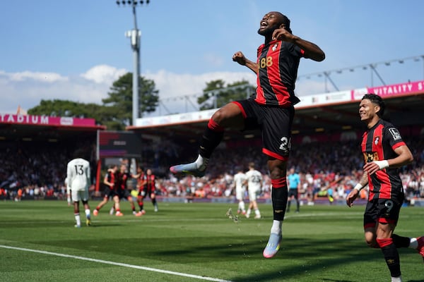 Bournemouth's Antoine Semenyo, centre, celebrates after scoring the opening goal during the English Premier League match at Vitality Stadium, Bournemouth, England, Sunday, April 27, 2025. (Adam Davy/PA via AP)