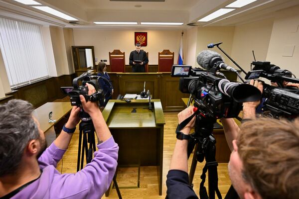 Russia's Supreme Court judge Oleg Nefyodov delivers a verdict lifting a ban on Afghanistan's Taliban, who were designated as a terrorist group more than two decades ago, in Moscow, Russia, Thursday, April 17, 2025. (AP Photo/Dmitry Serebryakov)