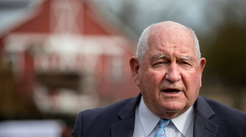 CLAXTON, GA - JANUARY 7, 2021: U.S. Secretary of Agriculture Sonny Perdue speaks at an event at the Spring Hollow Farm in Claxton, Ga. about bringing high speed internet to two rural Georgia counties. (AJC Photo/Stephen B. Morton)