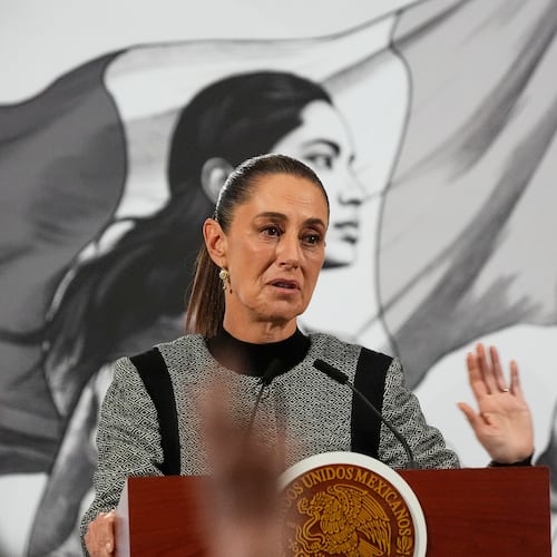 FILE - Mexican President Claudia Sheinbaum speaks during her daily morning press conference at the National Palace in Mexico City, Nov. 28, 2025. (AP Photo/Marco Ugarte, File)