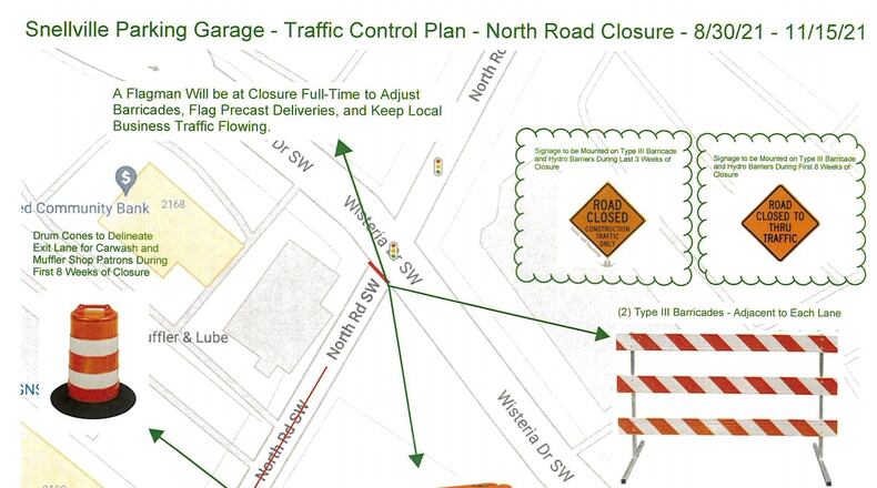 Construction taking place at The Grove at Towne Center in Snellville will close North Road from Oak Road to Wisteria Drive beginning Aug. 30 through Nov. 15. (Courtesy City of Snellville)
