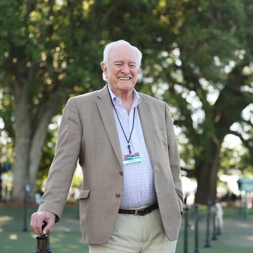 Veteran Georgia broadcaster Loran Smith takes a pause during the first round of the Masters Tournament, at Augusta National Golf Club, Thursday, April 9, 2026, in Augusta. He plans to return next year to equal the record of covering 68 Masters "if the good Lord will keep me around." (Jason Getz/AJC)