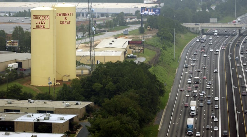 The water towers in 2002 as seen from I-85.