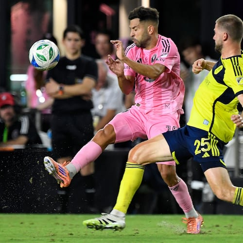 Nashville defender Walker Zimmerman (right) — pictured challenging Inter Miami's Jordi Alba during the MLS playoffs last month — seem like he would be a good fit with Atlanta United, but his salary is likely too high. (Michael Laughlin/AP)